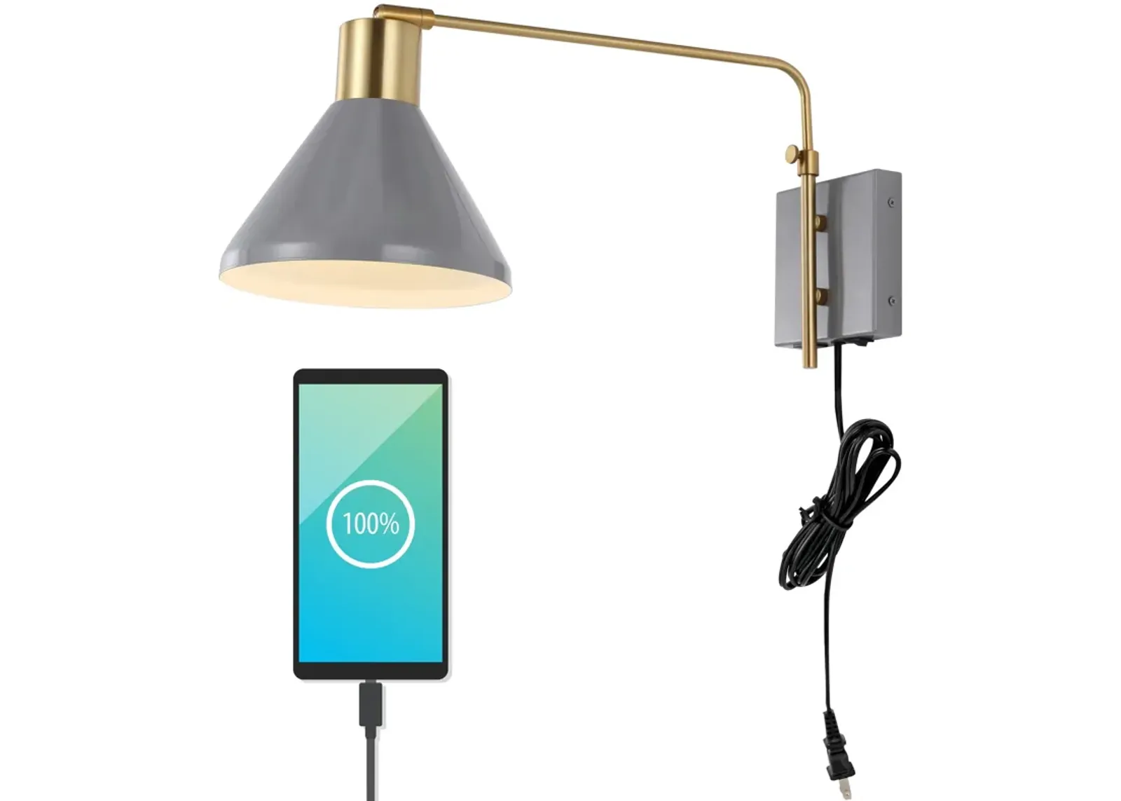 Max Swing Arm Modern Midcentury Iron USB Charging Port LED Sconce