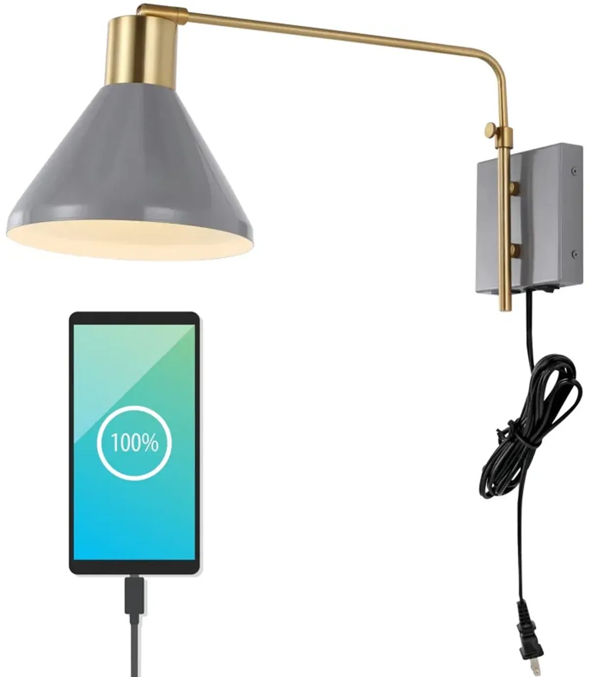 Max Swing Arm Modern Midcentury Iron USB Charging Port LED Sconce