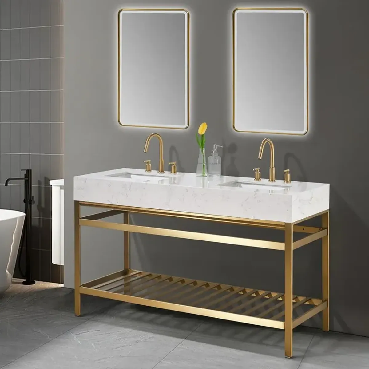 Altair 60 Double Stainless Steel Vanity Console in Brushed Gold and Mirror