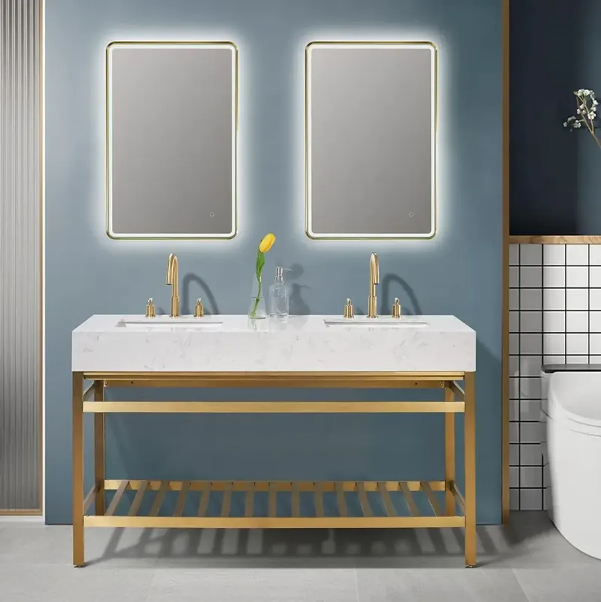 Altair 60 Double Stainless Steel Vanity Console in Brushed Gold and Mirror