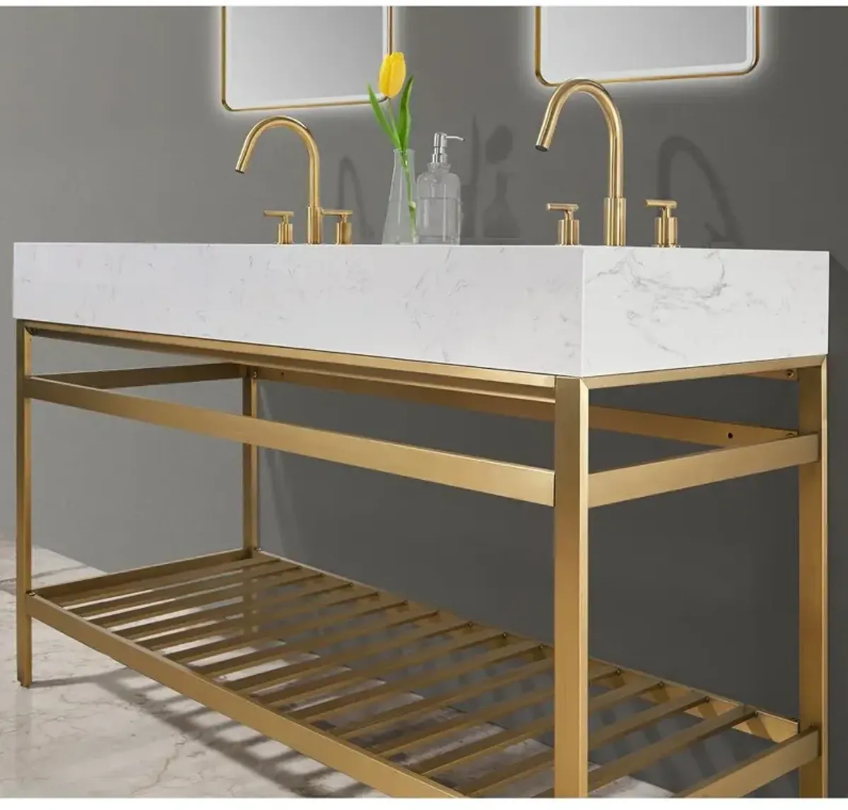 Altair 60 Double Stainless Steel Vanity Console in Brushed Gold and Mirror