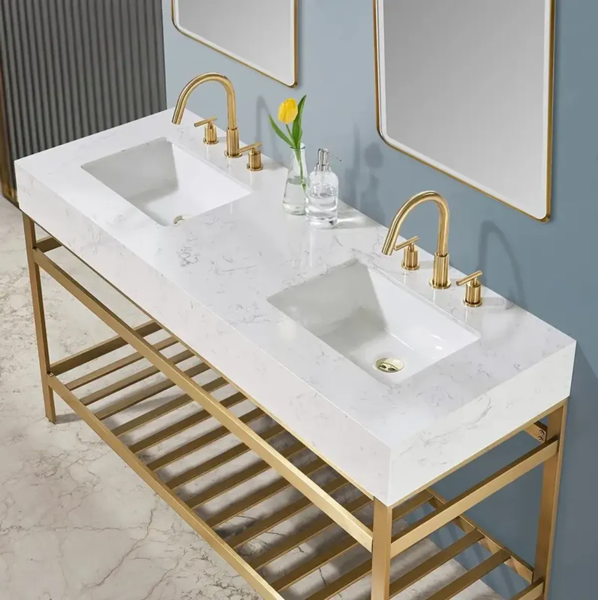 Altair 60 Double Stainless Steel Vanity Console in Brushed Gold and Mirror