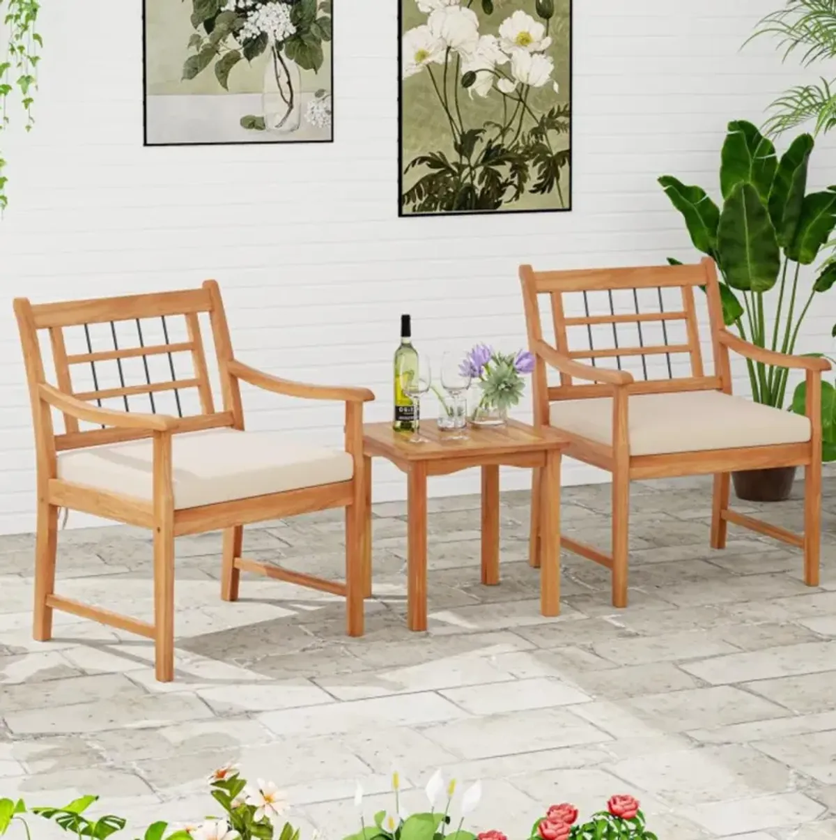 Hivvago 3 Piece Wood Patio Furniture Set with Seat Cushions and Acacia Wood Frame