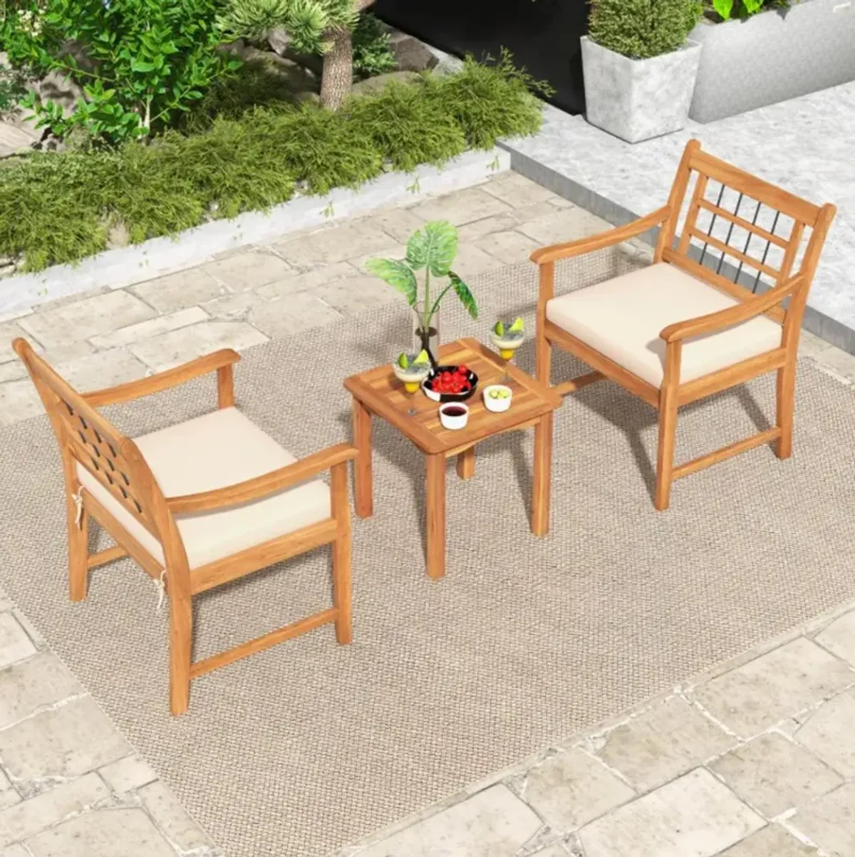 Hivvago 3 Piece Wood Patio Furniture Set with Seat Cushions and Acacia Wood Frame