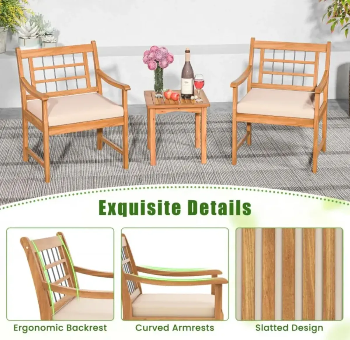 Hivvago 3 Piece Wood Patio Furniture Set with Seat Cushions and Acacia Wood Frame