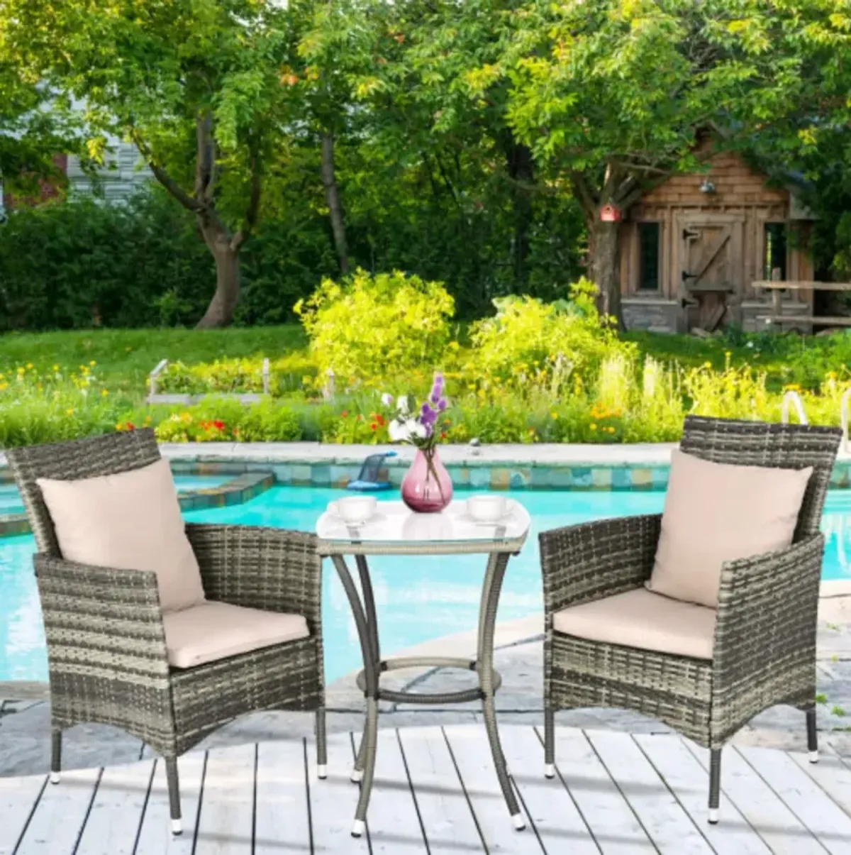 3 Pieces Patio Rattan Chairs and Table Set with Cushions