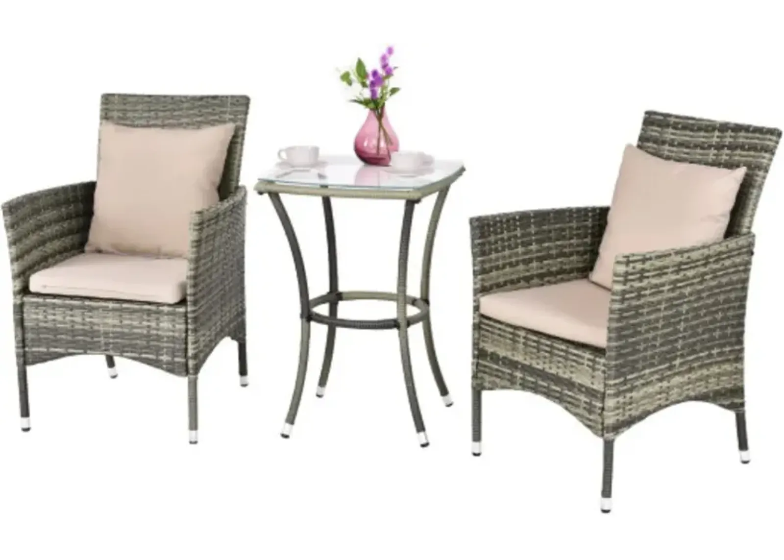 3 Pieces Patio Rattan Chairs and Table Set with Cushions