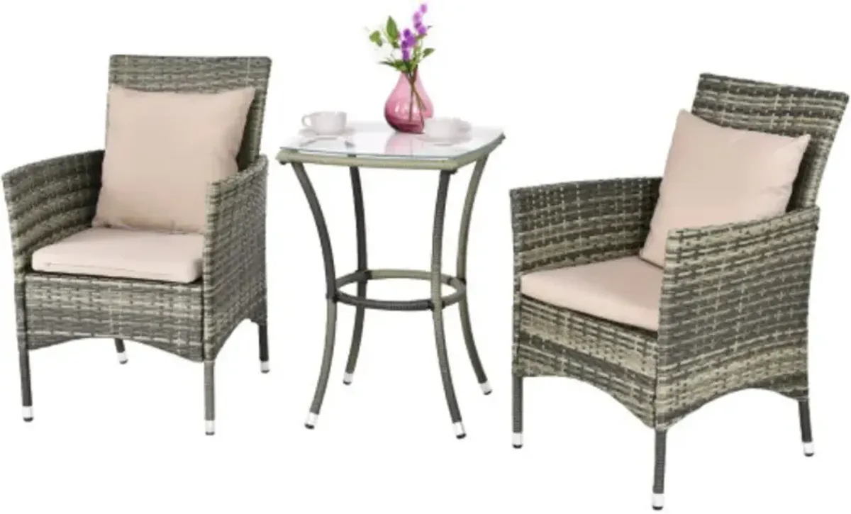 3 Pieces Patio Rattan Chairs and Table Set with Cushions