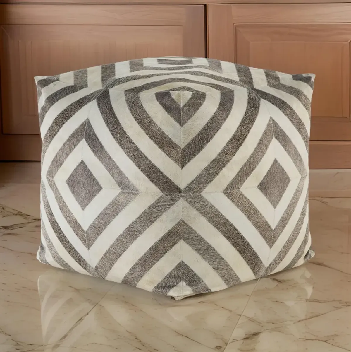 Ottoman Pouf, 18 Inch, Square, Brown and Ivory Polyester Geometric Design -