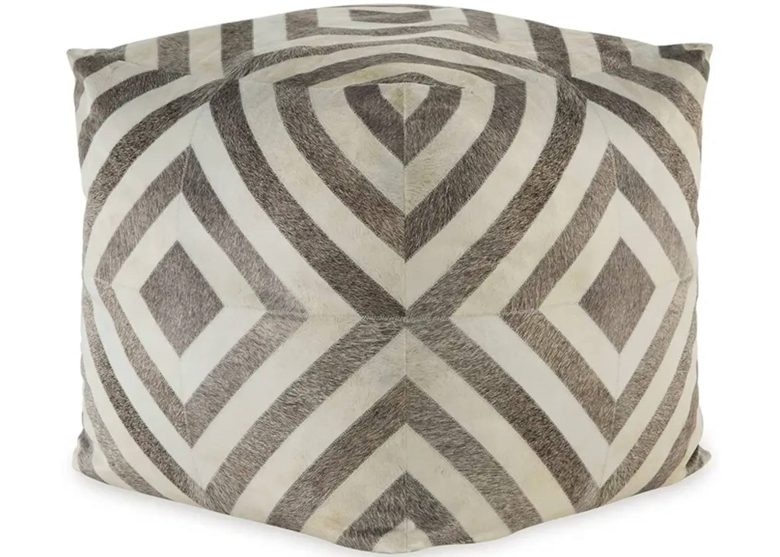 Ottoman Pouf, 18 Inch, Square, Brown and Ivory Polyester Geometric Design -