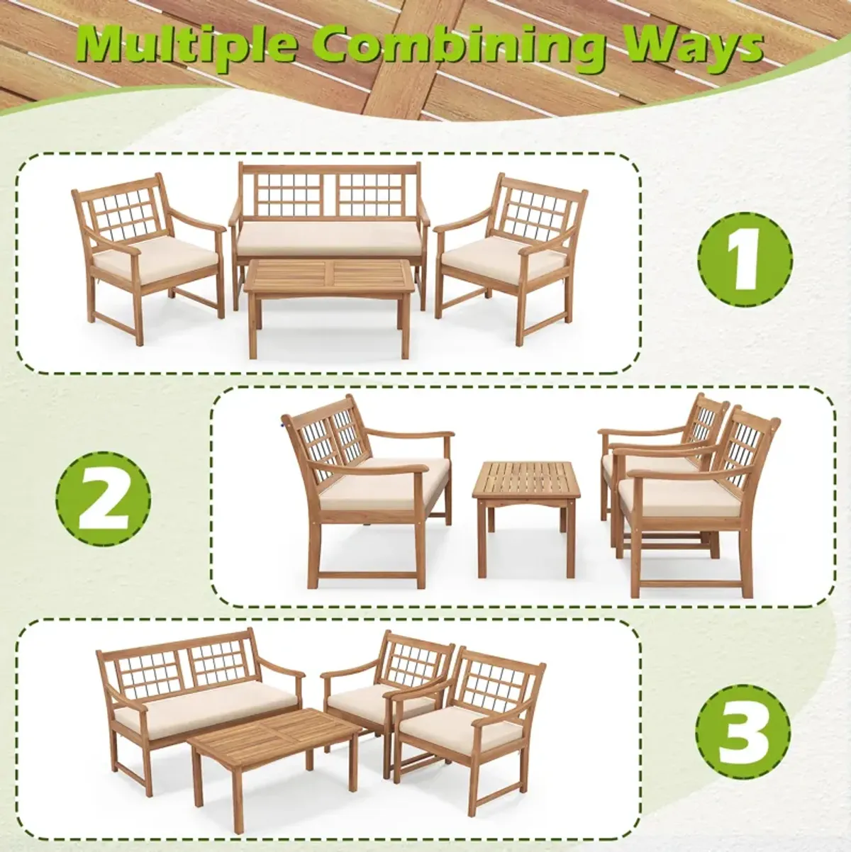 4 Piece Wood Patio Furniture with Armchairs Loveseat and Coffee Table