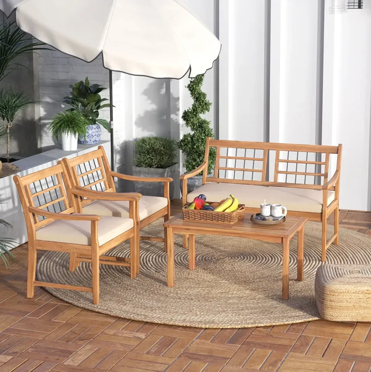 4 Piece Wood Patio Furniture with Armchairs Loveseat and Coffee Table