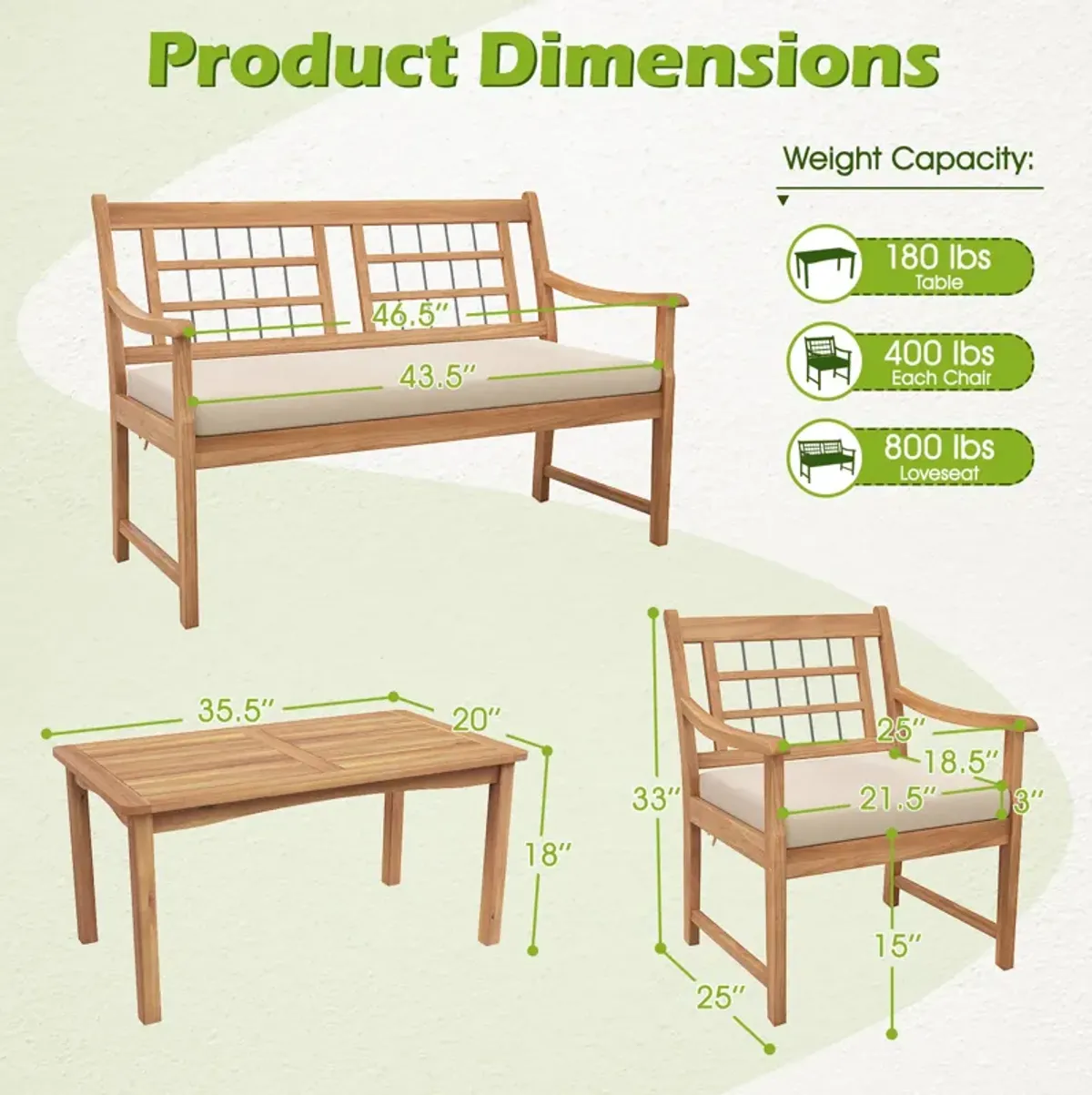 4 Piece Wood Patio Furniture with Armchairs Loveseat and Coffee Table