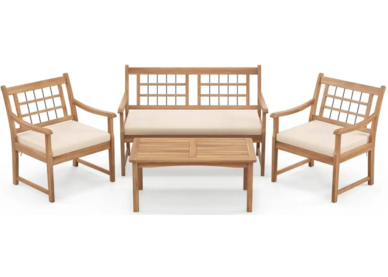 4 Piece Wood Patio Furniture with Armchairs Loveseat and Coffee Table