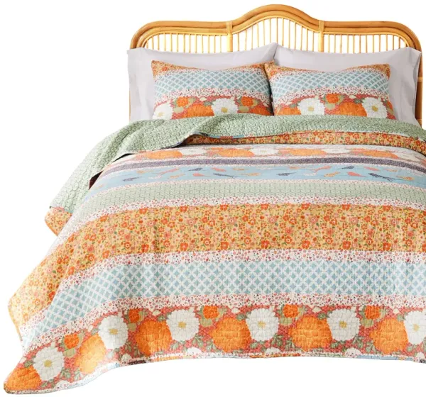 Nite 3pc King Quilt Set, Calico Floral Songbird Pattern, Cotton Microfiber