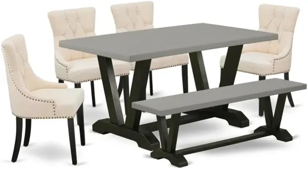 East West Furniture V696FR102-6 6-Pc Modern Dining Set - 4 Parson Chairs, a Bench Cement Top and 1 Modern Cement Dining Table Top with Button Tufted Chair Back - Wire Brushed Black Finish