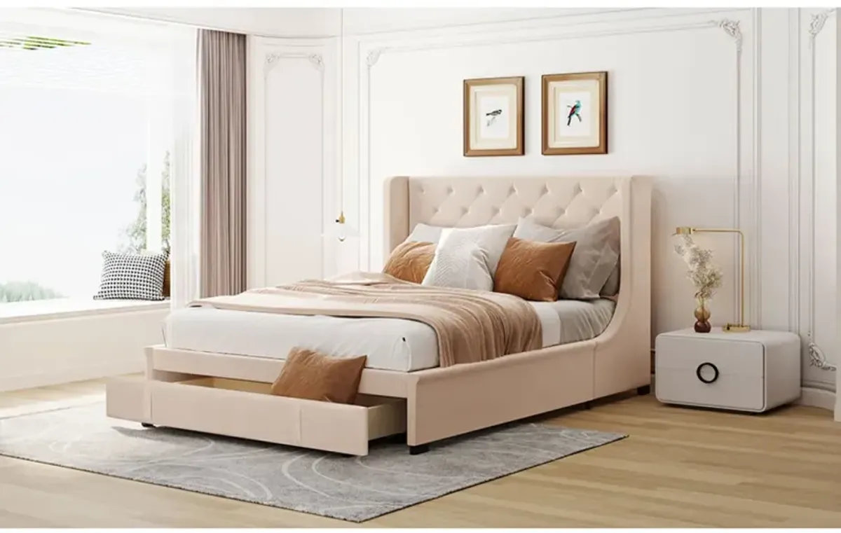 Queen Size Storage Bed Velvet Upholstered Platform Bed With Wingback Headboard And Big Drawer