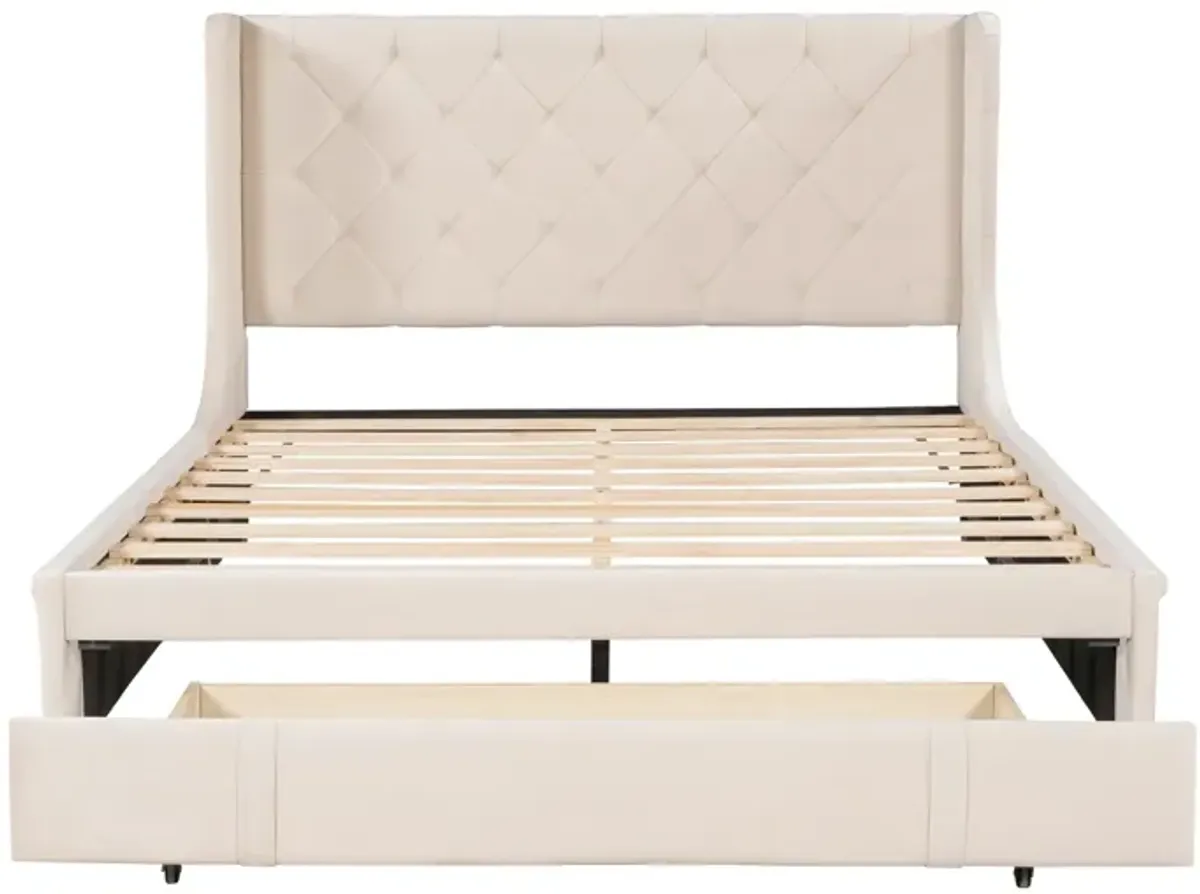 Queen Size Storage Bed Velvet Upholstered Platform Bed With Wingback Headboard And Big Drawer