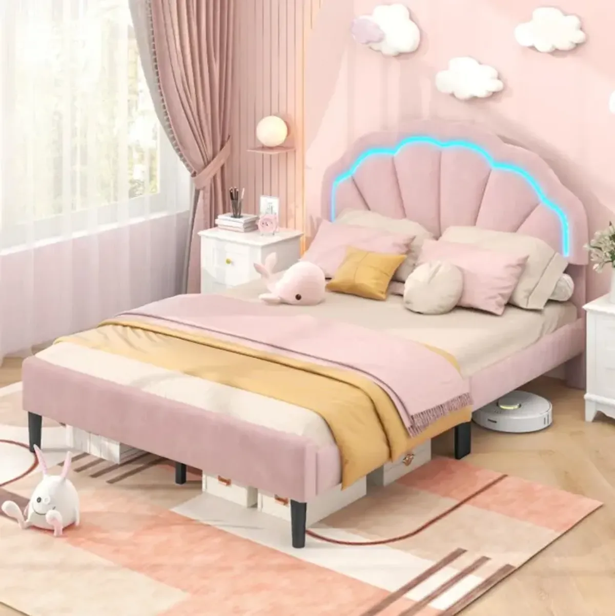 Hivvago Upholstered LED Bed Frame with Adjustable Flower Headboard and Metal Support Feet