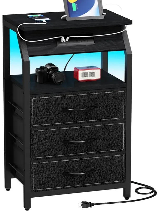 SZLHANJZ End Table with 3 Drawers, Nightstand with Charging Station and LED Lights, Small Fabric Dresser for Bedside, Storage Si