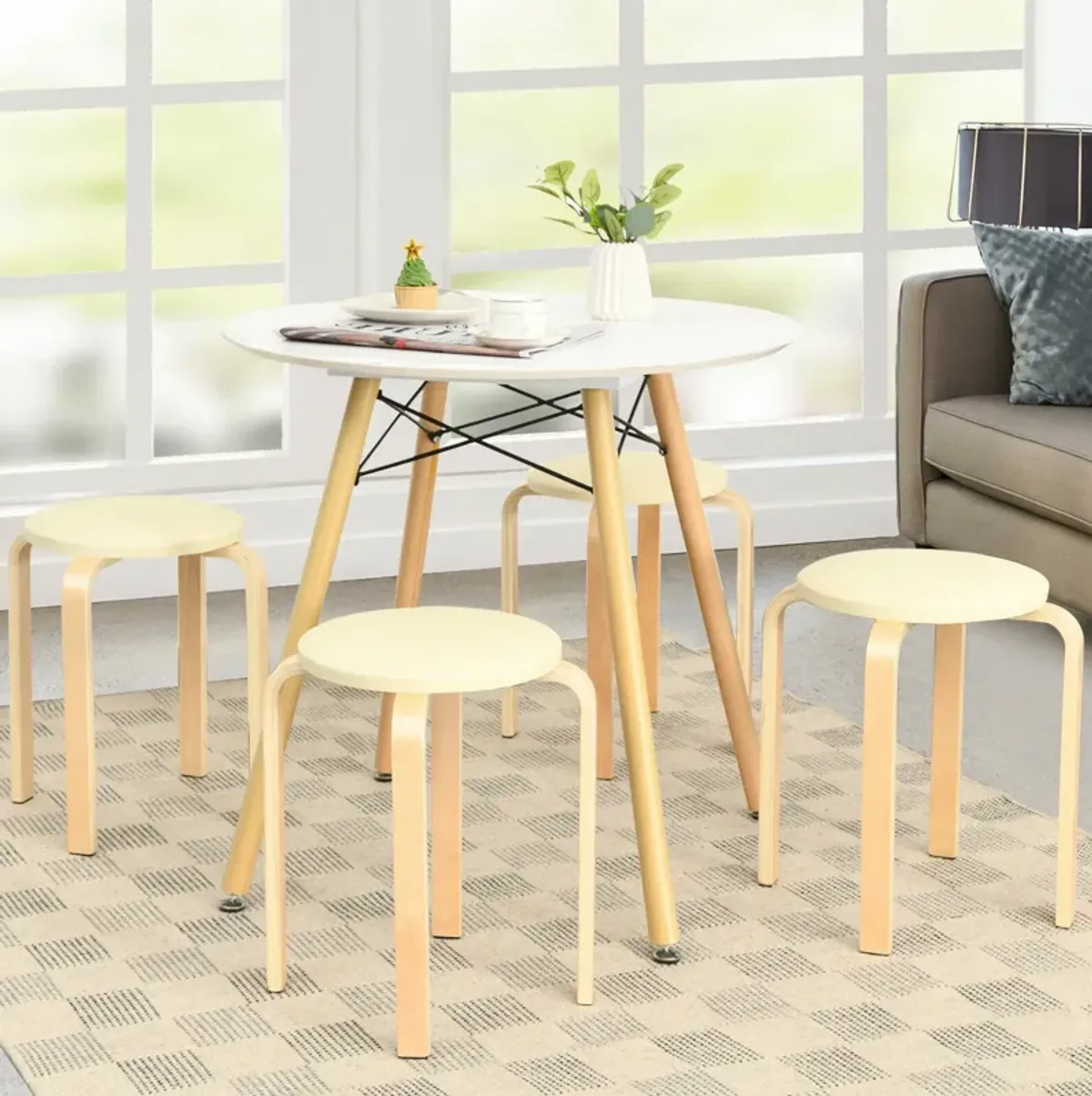 Set of 4 Bentwood Round Stool Stackable Dining Chairs with Padded Seat