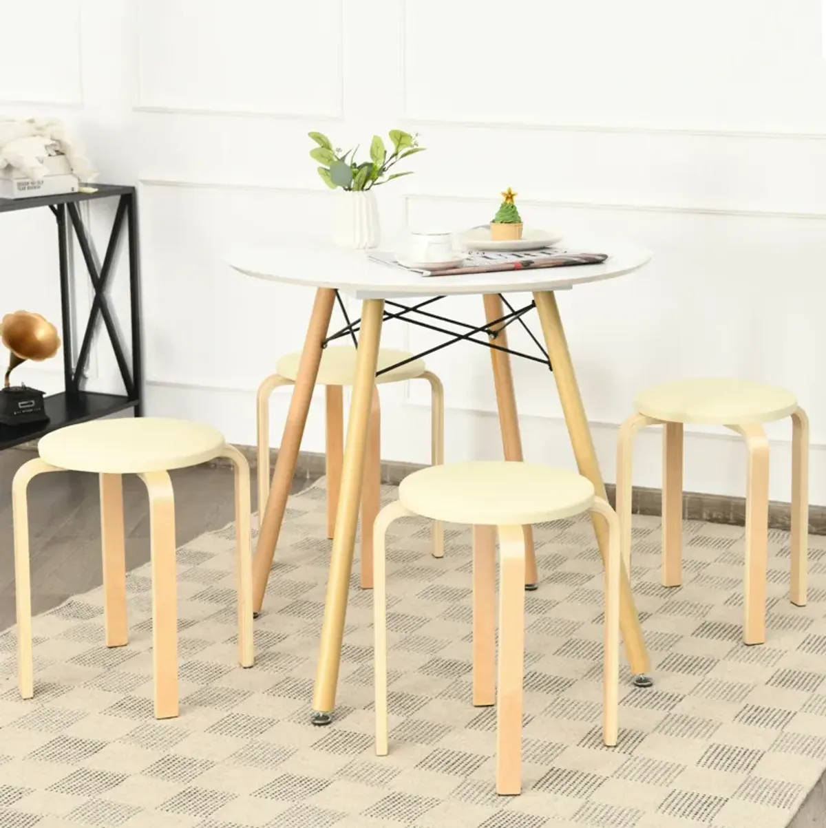 Set of 4 Bentwood Round Stool Stackable Dining Chairs with Padded Seat