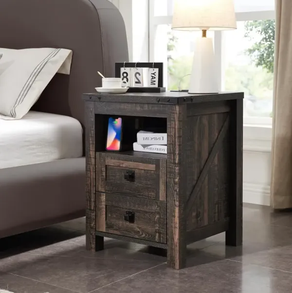 RedLemon Farmhouse Nightstand with Charging Station, Rustic 18 Inch End Table with 2 Storage Drawers and Open Shelf, Wood Sofa S