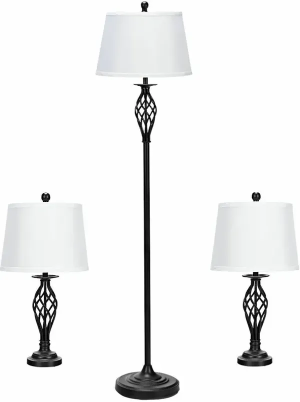 2 Table Lamps 1 Floor Lamp Set with Fabric Shades