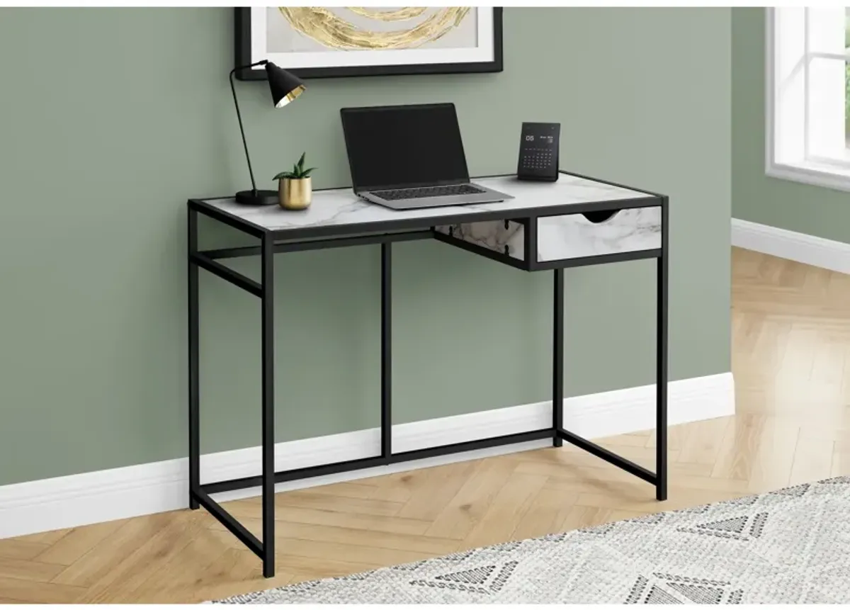 Monarch Specialties I 7571 Computer Desk, Home Office, Laptop, Storage Drawer, 42"L, Work, Metal, Laminate, White Marble Look, Black, Contemporary, Modern