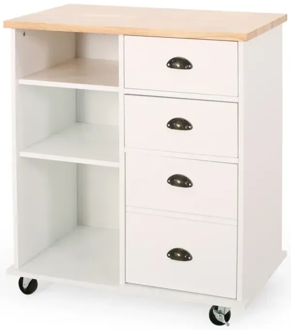 Kitchen Bar Cart, 2 Drawers, 3 Open Shelves, 35 Inch White Rubberwood - Benzara