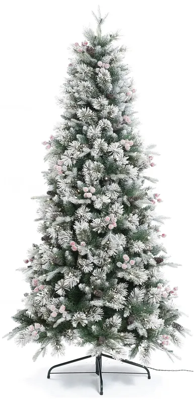 LuxenHome 6.5Ft Pre-Lit Flocked Artificial Christmas Tree with Berries and Pine Cones