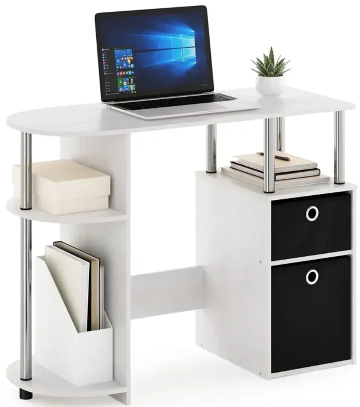 Furinno JAYA Simplistic Computer Study Desk with Bin Drawers, White Oak, Stainless Steel Tubes