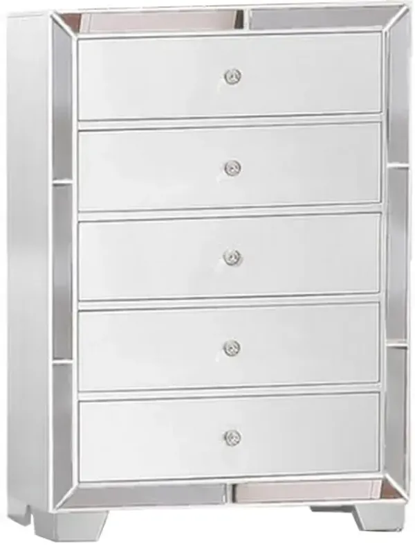 Eli 46 Inch Modern Wood Tall Dresser Chest, 5 Drawers, Mirrored, White - Benzara
