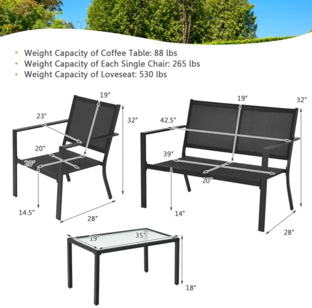 Hivvago 4 Pieces Patio Furniture Set Sofa Coffee Table Steel Frame Garden