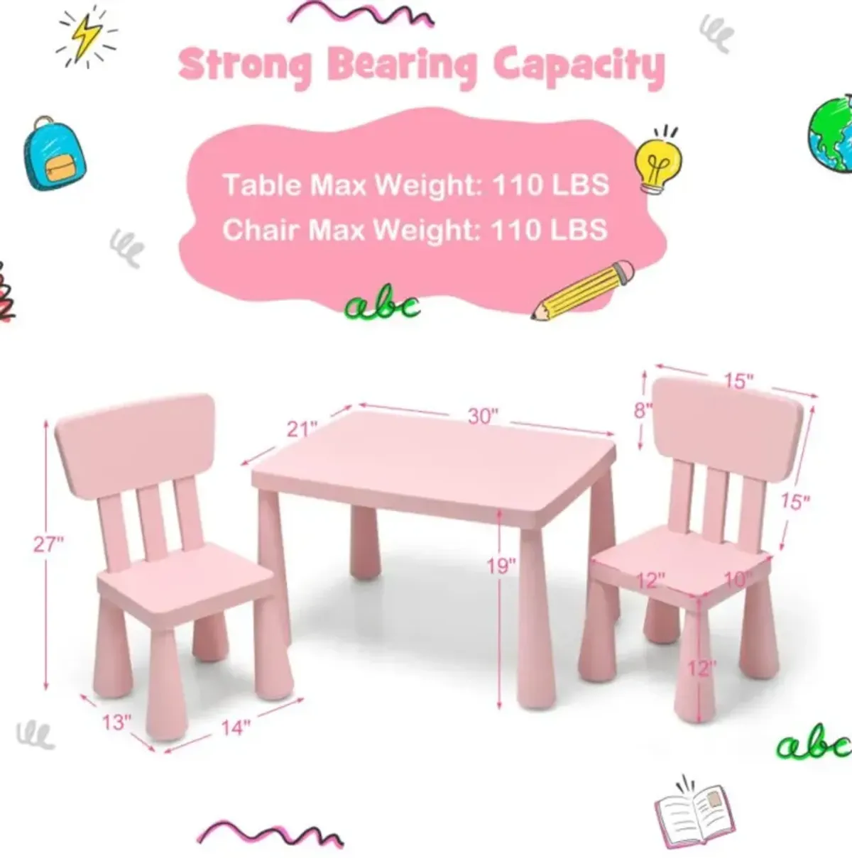 Hivvago 3 Pieces Toddler Multi Activity Play Dining Study Kids Table and Chair Set