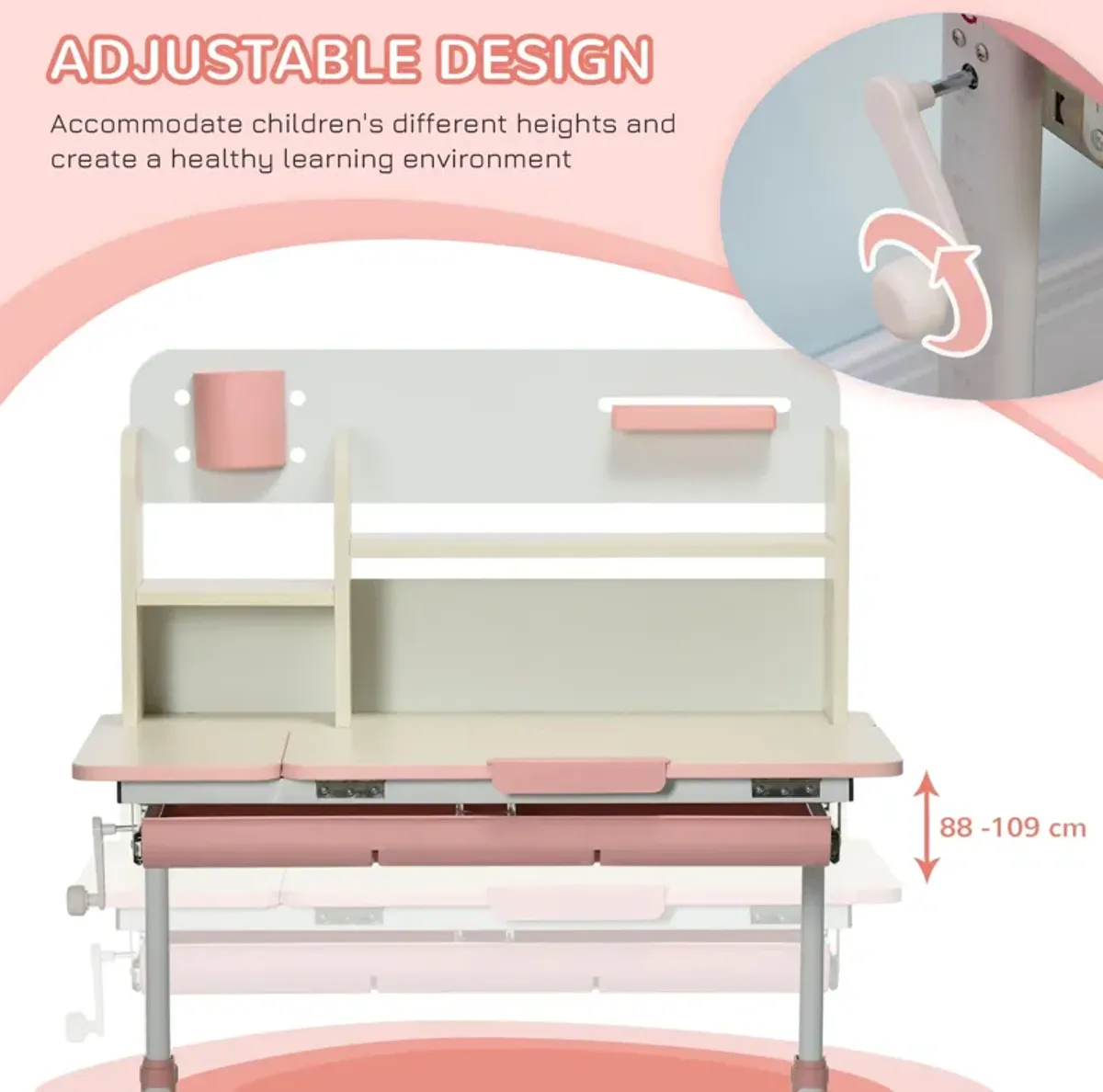 Pink Kids' Desk: Height Adjustable Study Table with Tilt Top