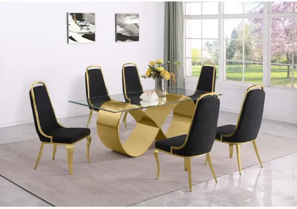 Best Quality Furniture 7Pc Tempered Glass Dining Set With 6 Black Boucle Side Chairs And A Gold Base