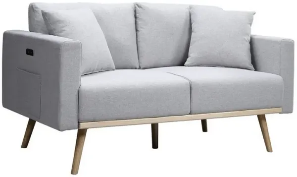 Mico 57 Inch Modern Loveseat, USB Ports and Side Pocket, Light Gray Fabric