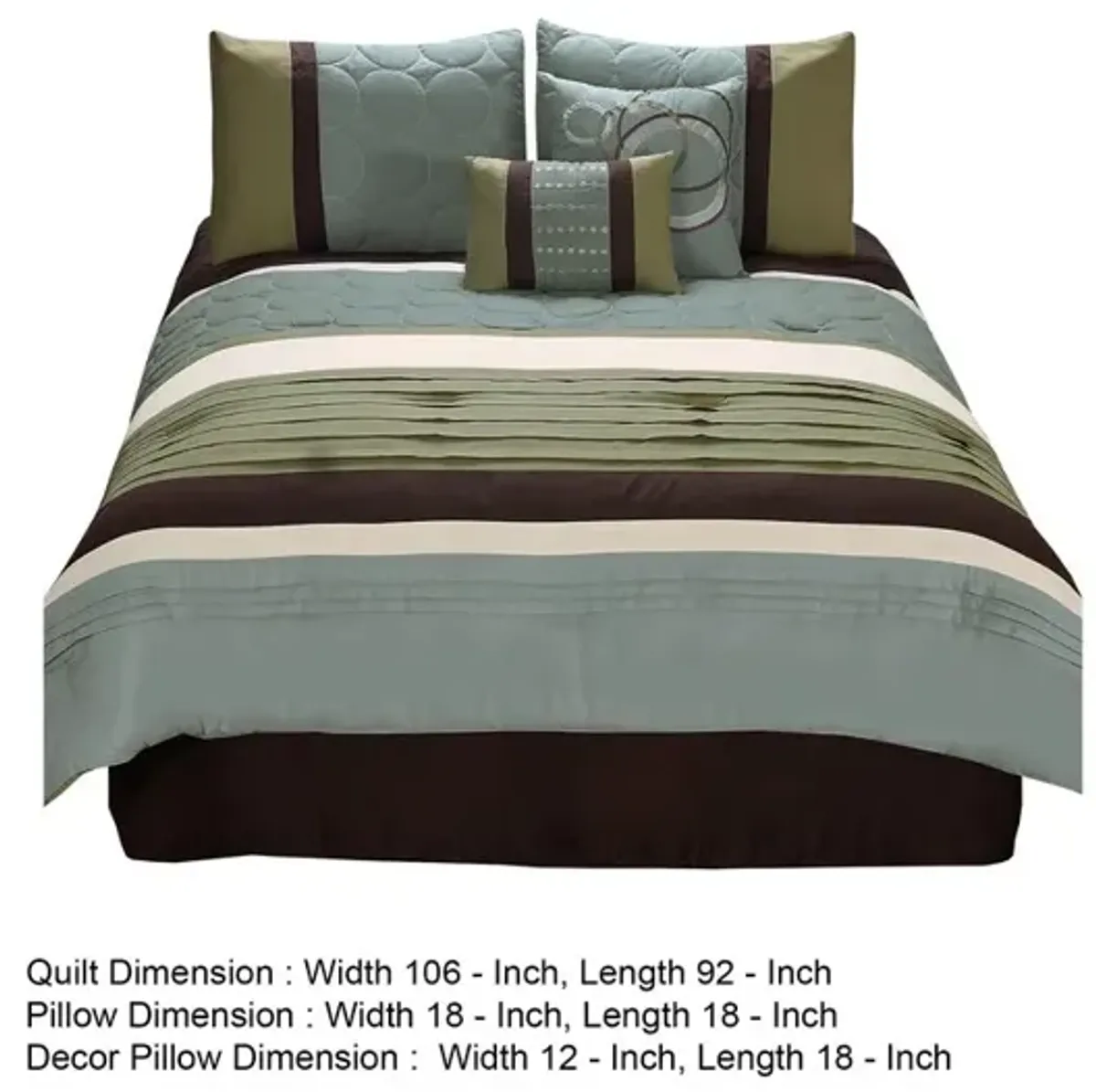 6 Piece King Comforter Set with Pleats and Embroidery, Green and Blue - Benzara