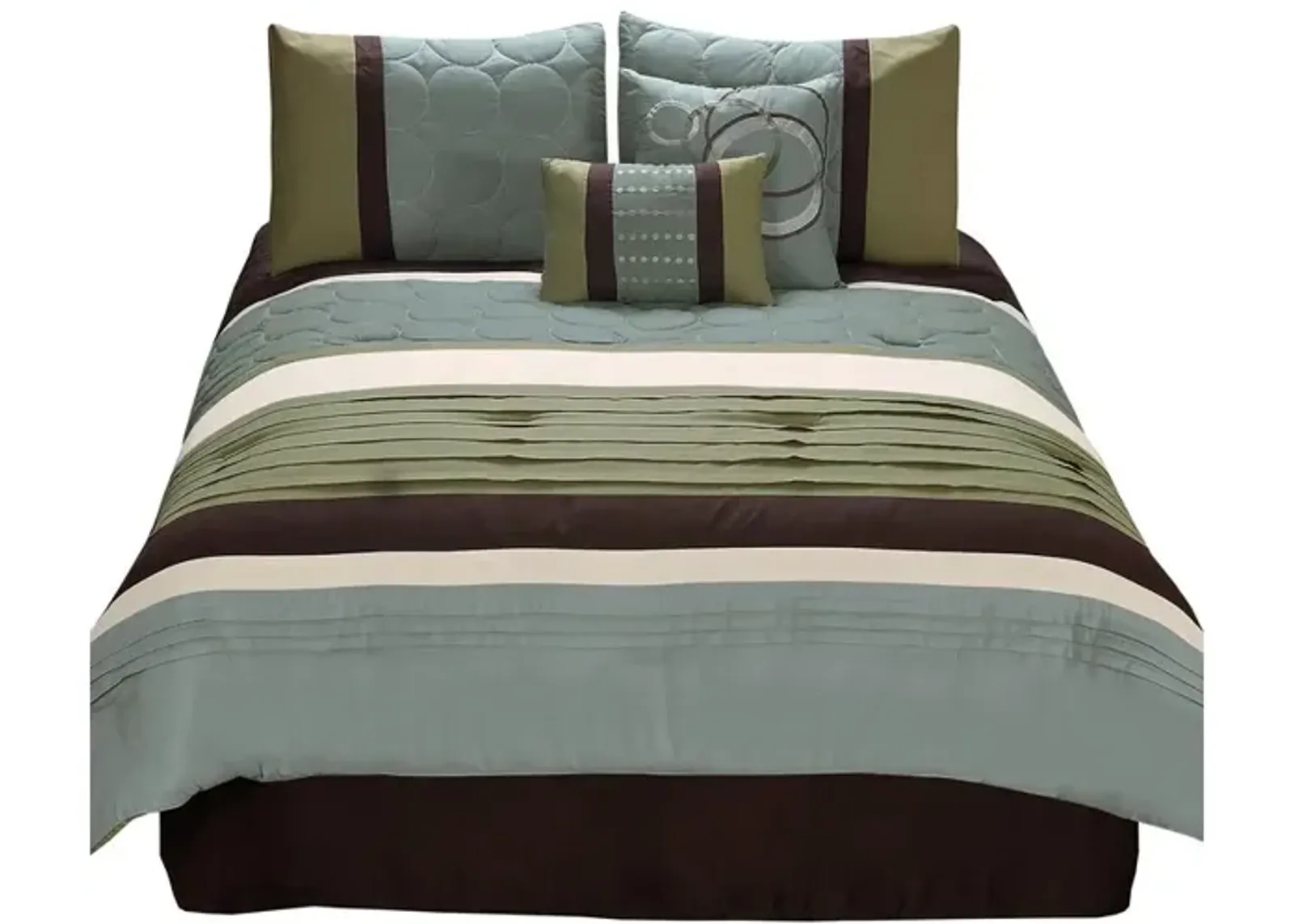 6 Piece King Comforter Set with Pleats and Embroidery, Green and Blue - Benzara