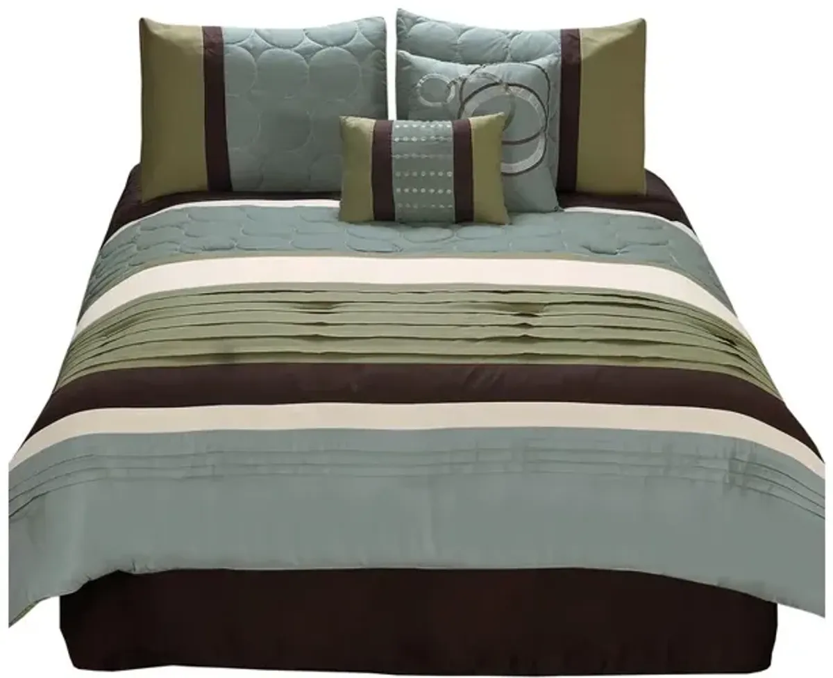 6 Piece King Comforter Set with Pleats and Embroidery, Green and Blue - Benzara