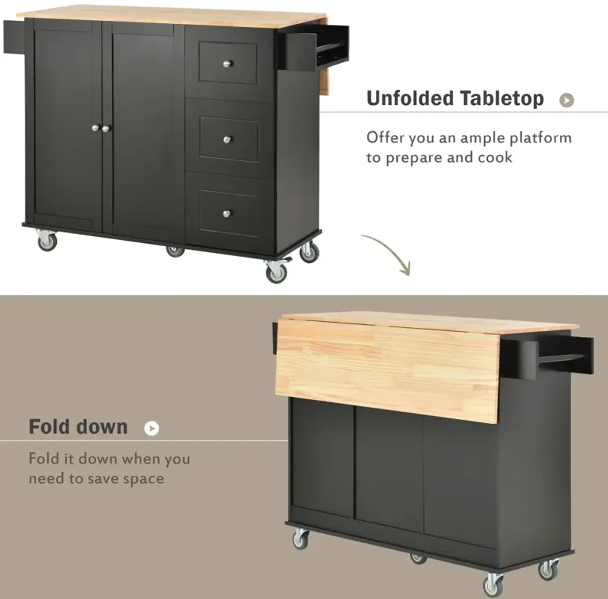 Rolling Mobile Kitchen Island with Solid Wood Top & Locking Wheels, 52.7" Width, Storage, Drop Leaf & More