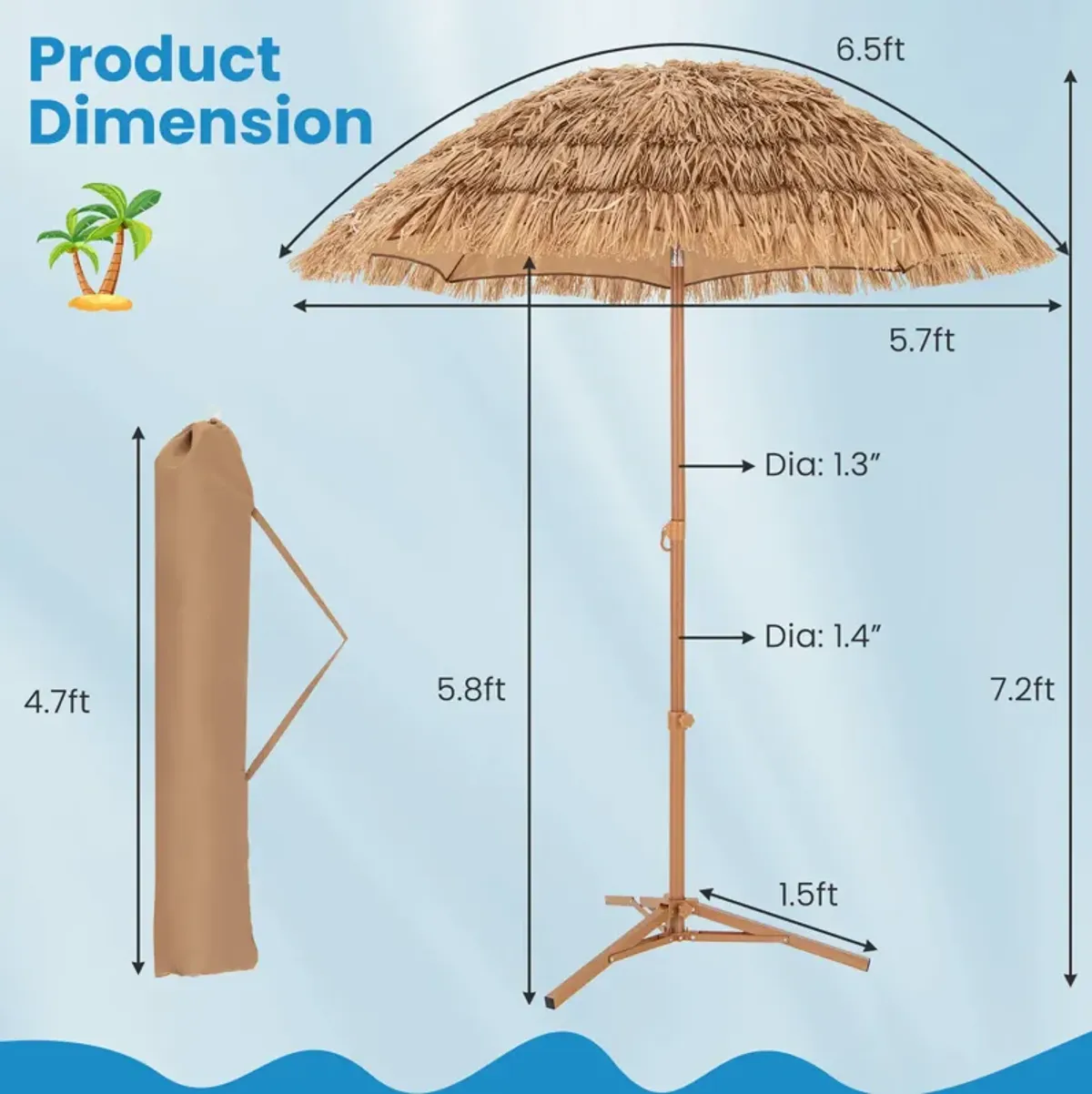 Thatched Tiki Umbrella with Foldable Stand Push Button Tilt-Natural