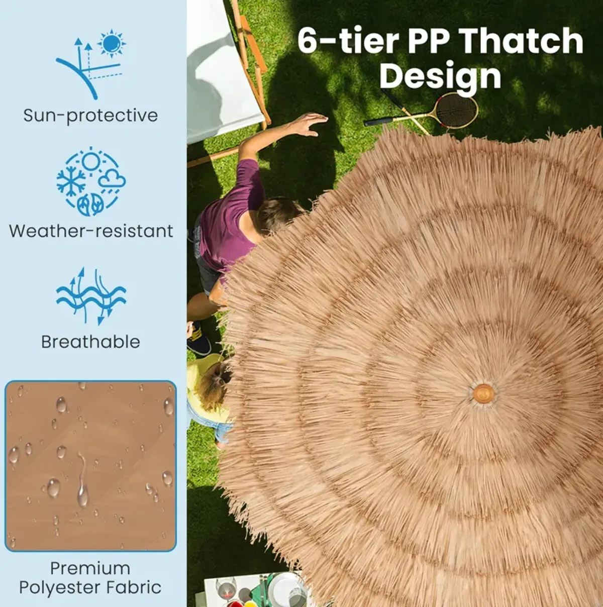 Thatched Tiki Umbrella with Foldable Stand Push Button Tilt-Natural