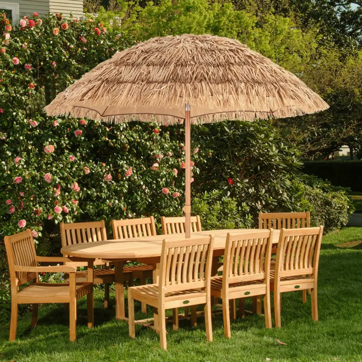 Thatched Tiki Umbrella with Foldable Stand Push Button Tilt-Natural