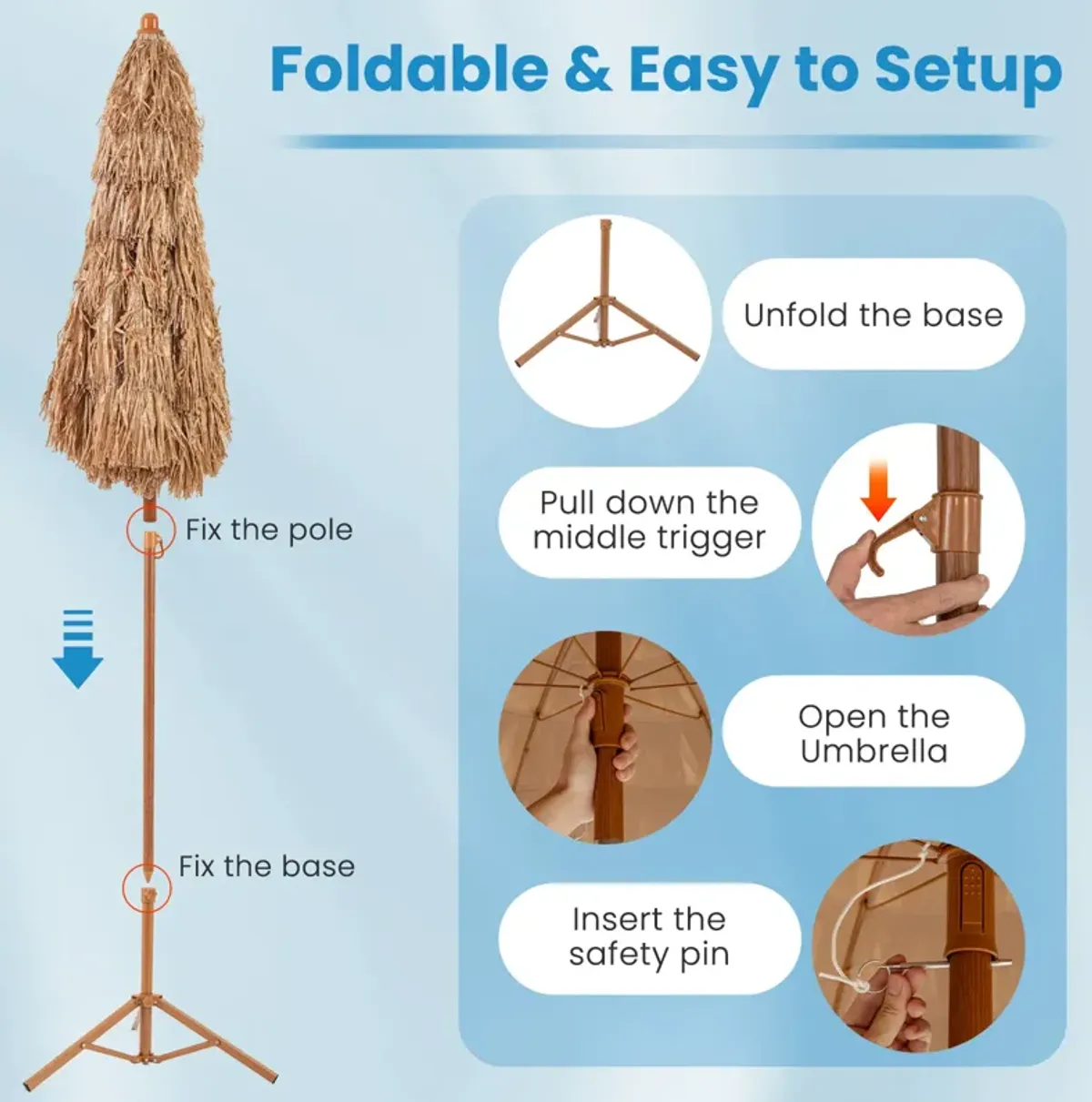 Thatched Tiki Umbrella with Foldable Stand Push Button Tilt-Natural