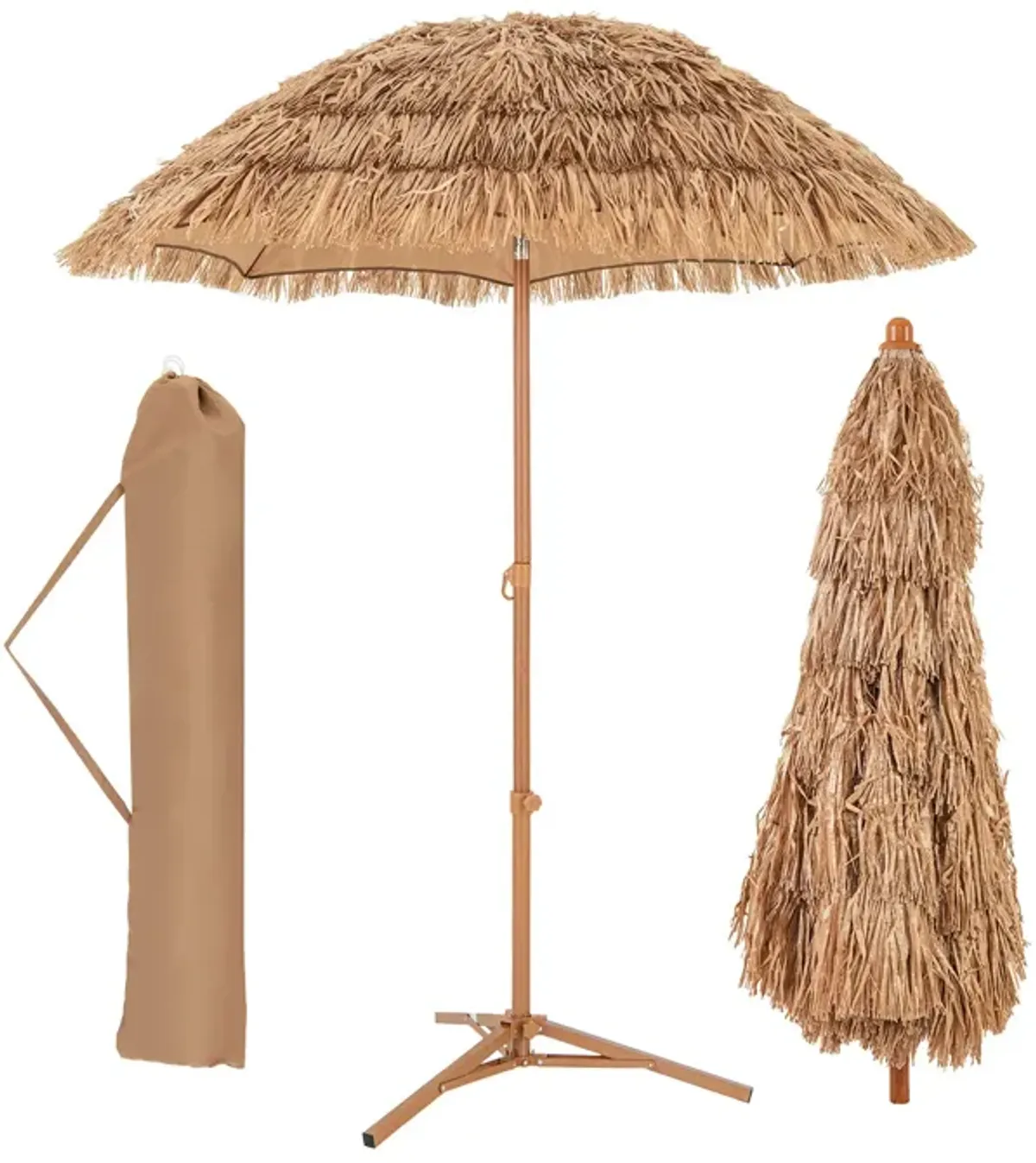 Thatched Tiki Umbrella with Foldable Stand Push Button Tilt-Natural