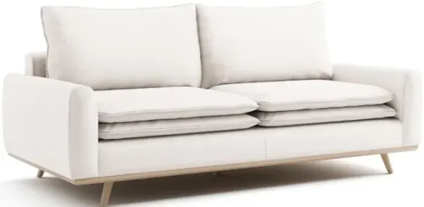 Yaana Sofa with Feather Blend Pillows, Oak Brown Wood, White 83 Inch - Benzara