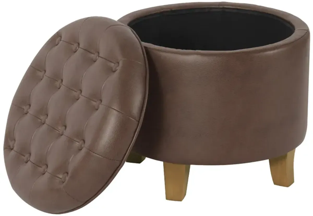 Wes Round Storage Ottoman, Brown Faux Leather, Hardwood, 19 Inch