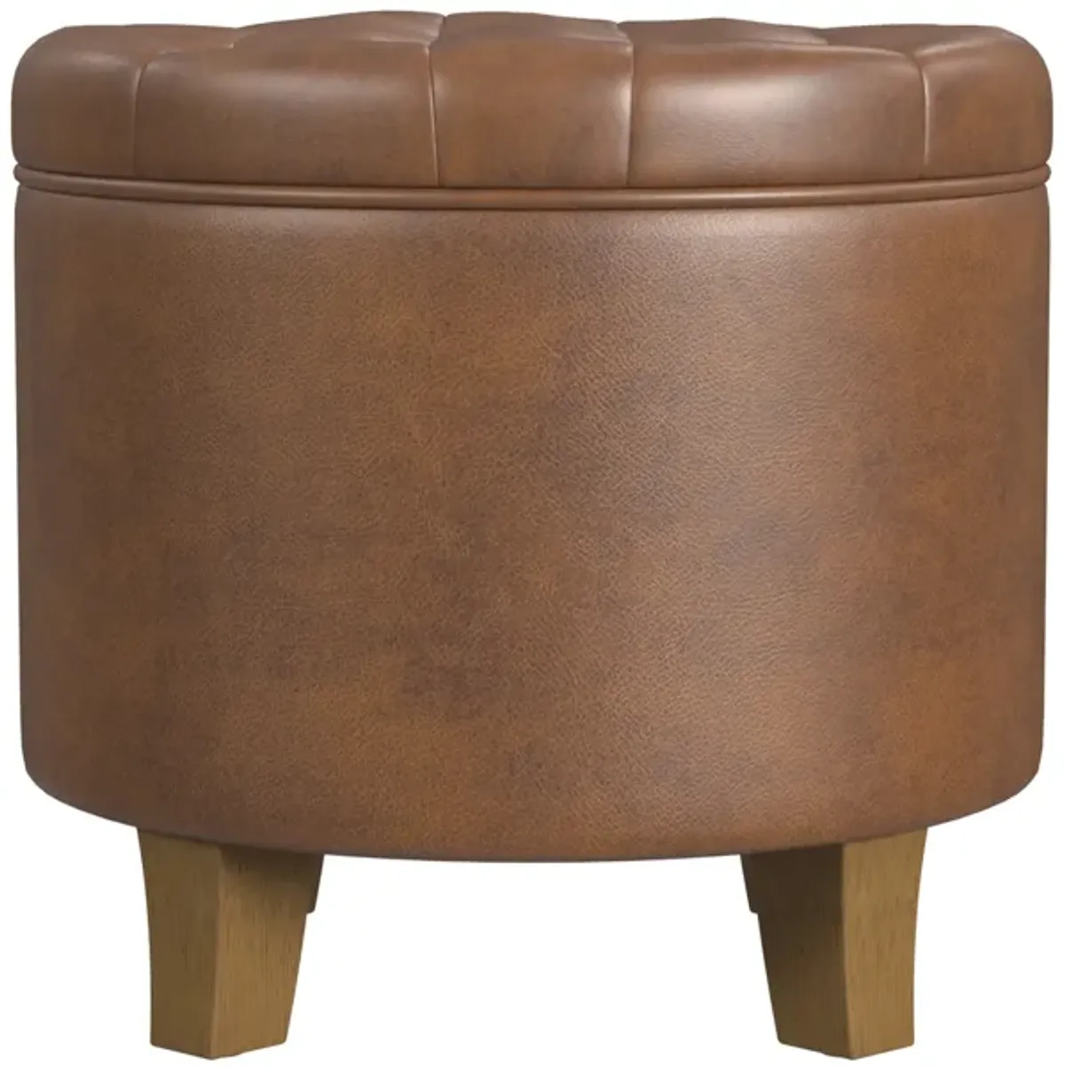 Wes Round Storage Ottoman, Brown Faux Leather, Hardwood, 19 Inch